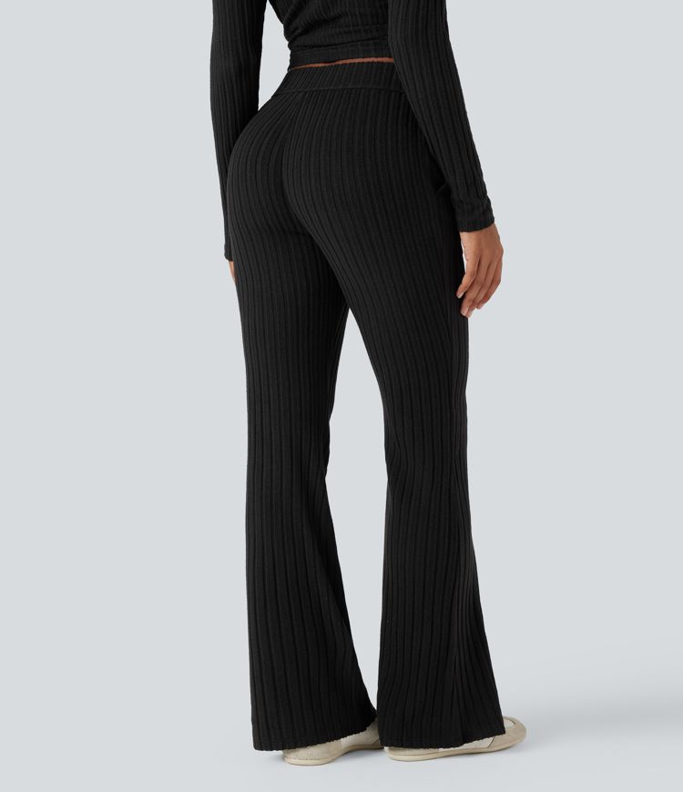 Ribbed Knit Mid Rise Button Split Hem Casual Flare Pants with Pockets