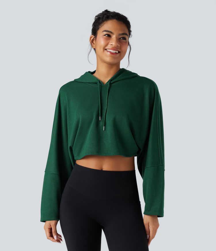 Hooded Dropped Shoulder Cropped Relaxed Casual Sweatshirt