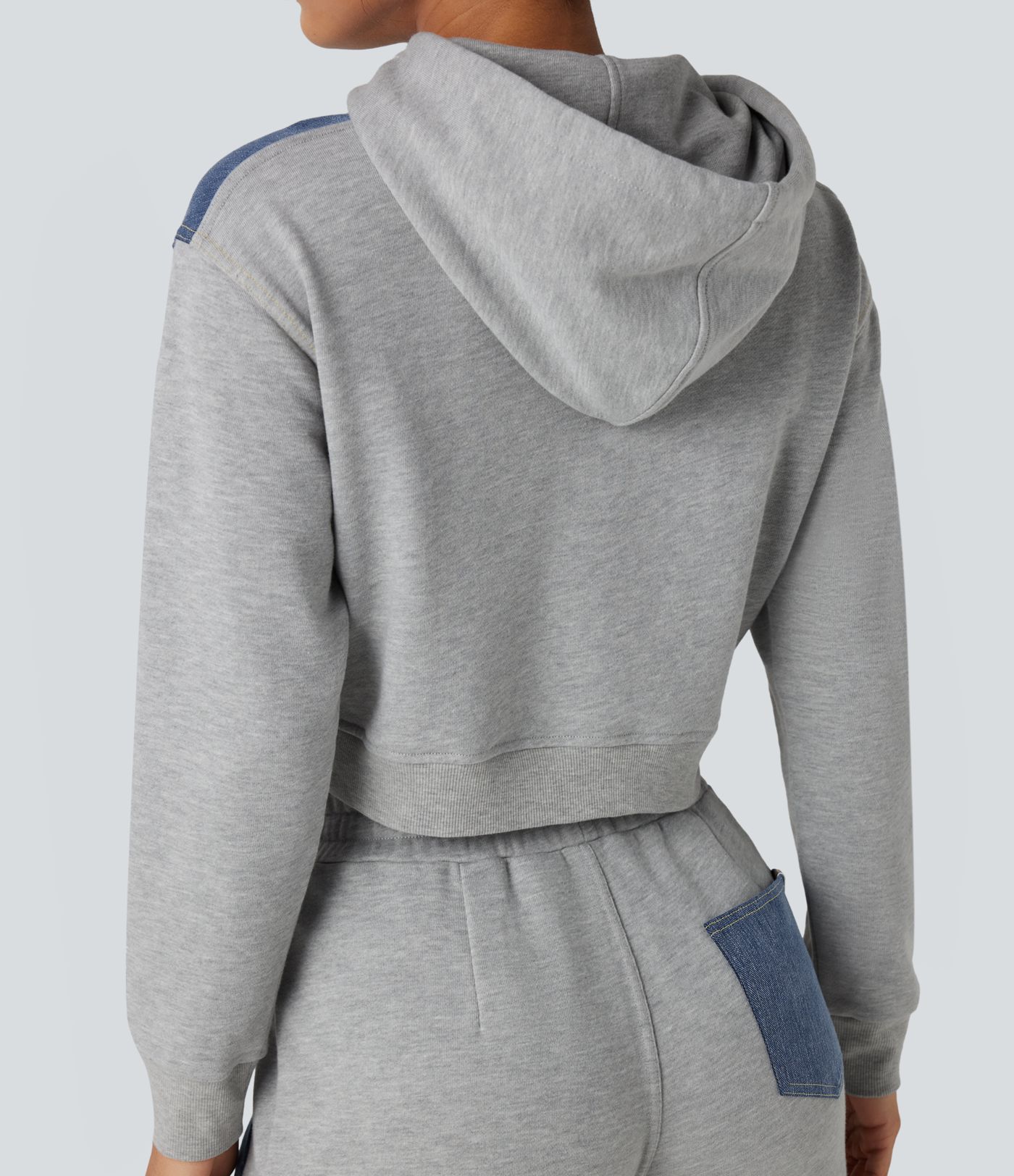 Halara Flex™ Hooded Drawstring Long Sleeve Patchwork Denim Casual Jacket