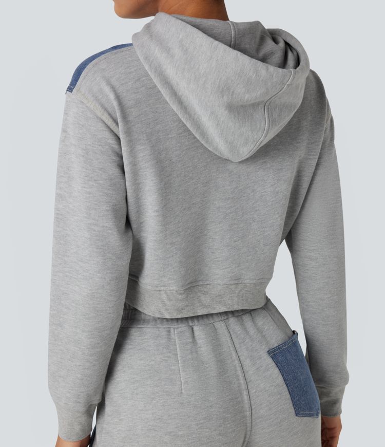 Halara Flex™ Hooded Drawstring Long Sleeve Patchwork Denim Casual Jacket