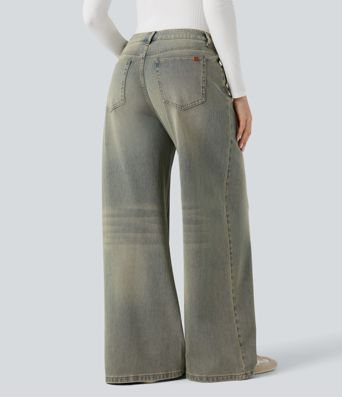 Halara Flex™ casual jeans met lage taille, wijde pijpen en zakken