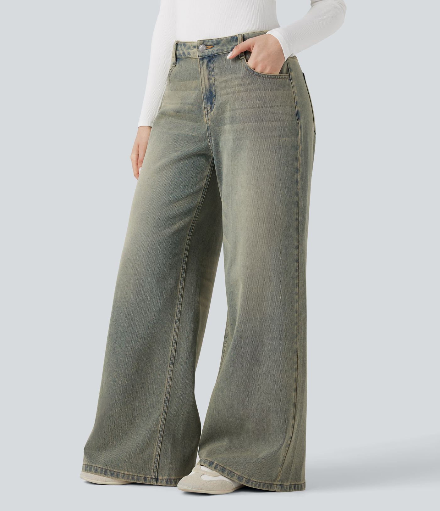 Halara Flex™ casual jeans met lage taille, wijde pijpen en zakken