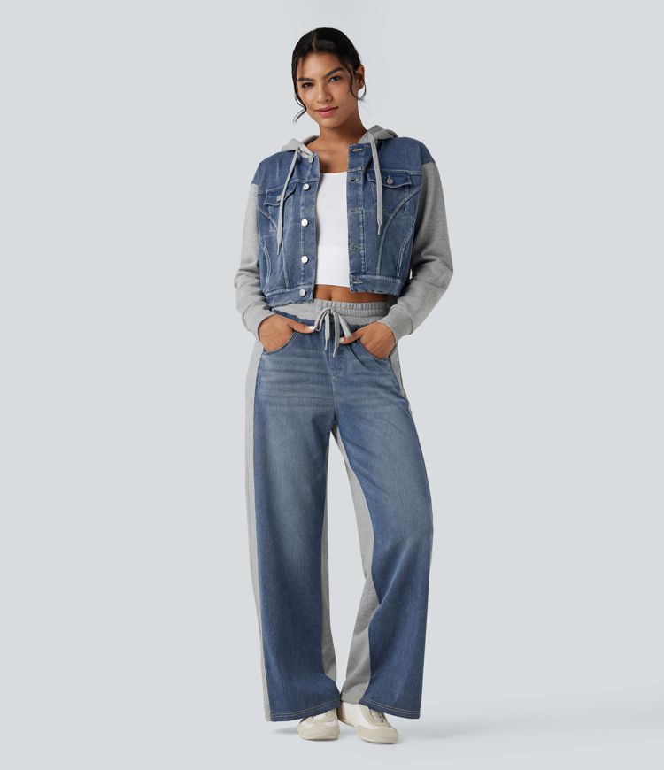 Halara Flex™ Hooded Drawstring Long Sleeve Patchwork Denim Casual Jacket