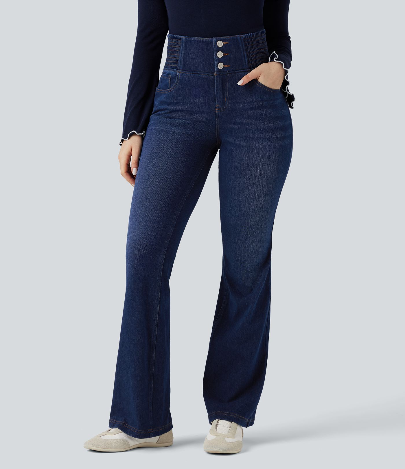 Halara Flex™ High Waisted Shirred Casual Flare Jeans with Pockets