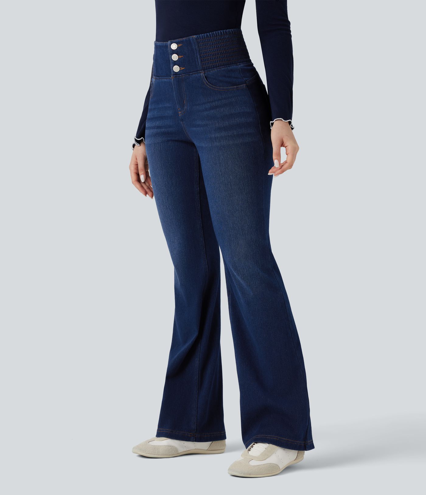 Halara Flex™ High Waisted Shirred Casual Flare Jeans with Pockets