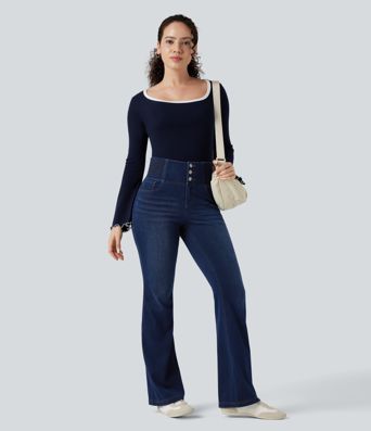 Halara Flex™ High Waisted Shirred Casual Flare Jeans with Pockets