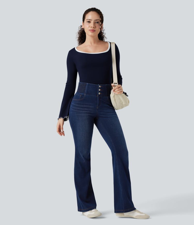 Halara Flex™ High Waisted Shirred Casual Flare Jeans with Pockets