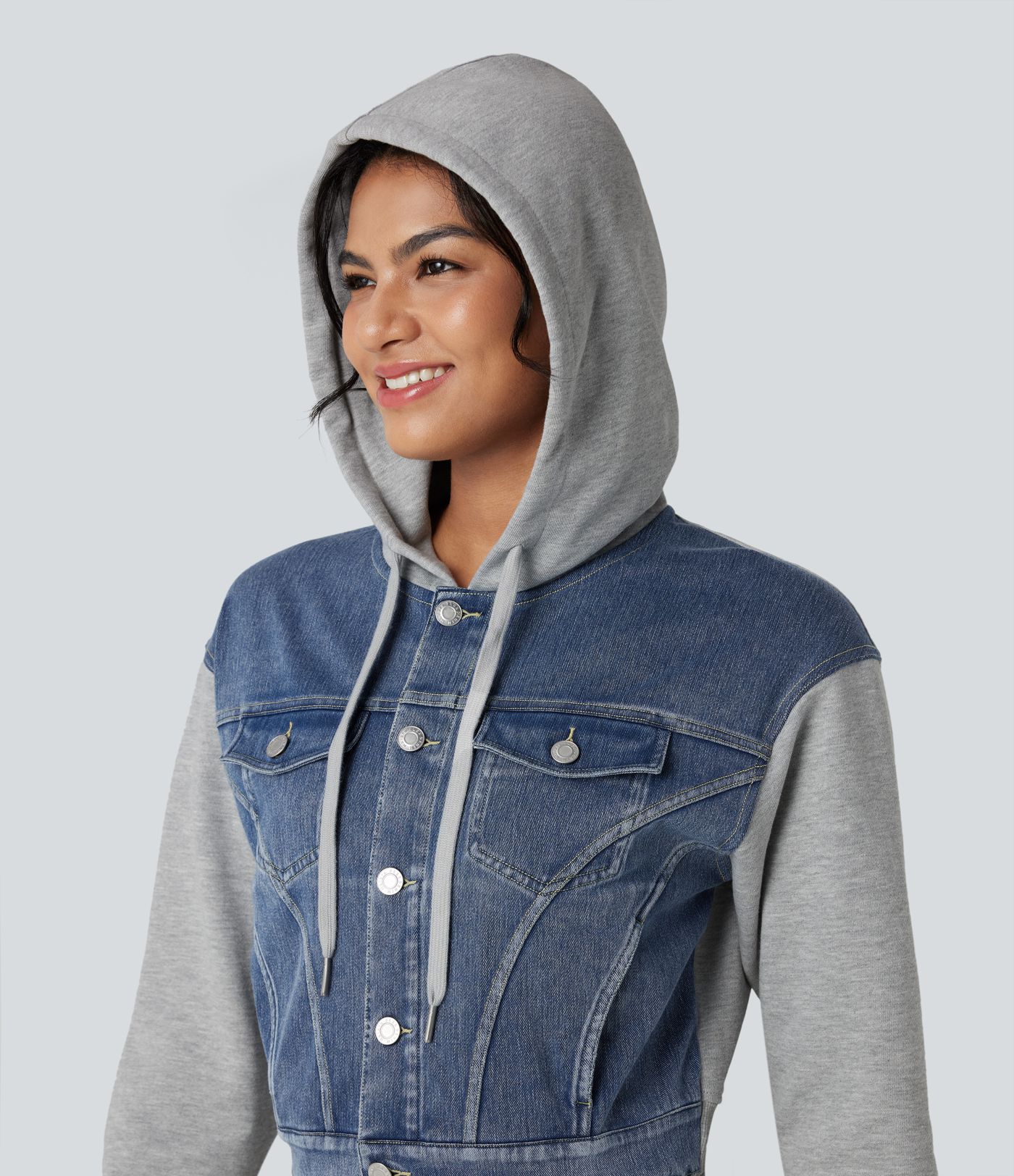 Halara Flex™ Hooded Drawstring Long Sleeve Patchwork Denim Casual Jacket