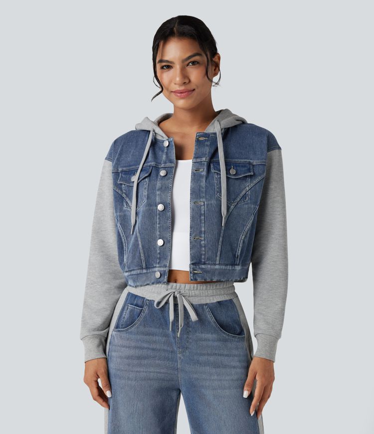 Halara Flex™ Hooded Drawstring Long Sleeve Patchwork Denim Casual Jacket
