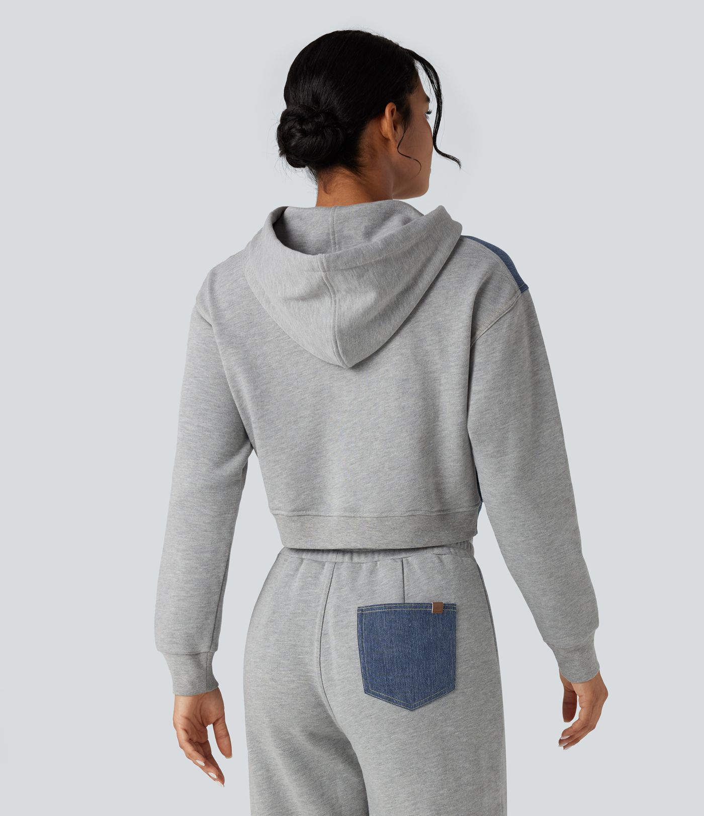 Halara Flex™ Hooded Drawstring Long Sleeve Patchwork Denim Casual Jacket