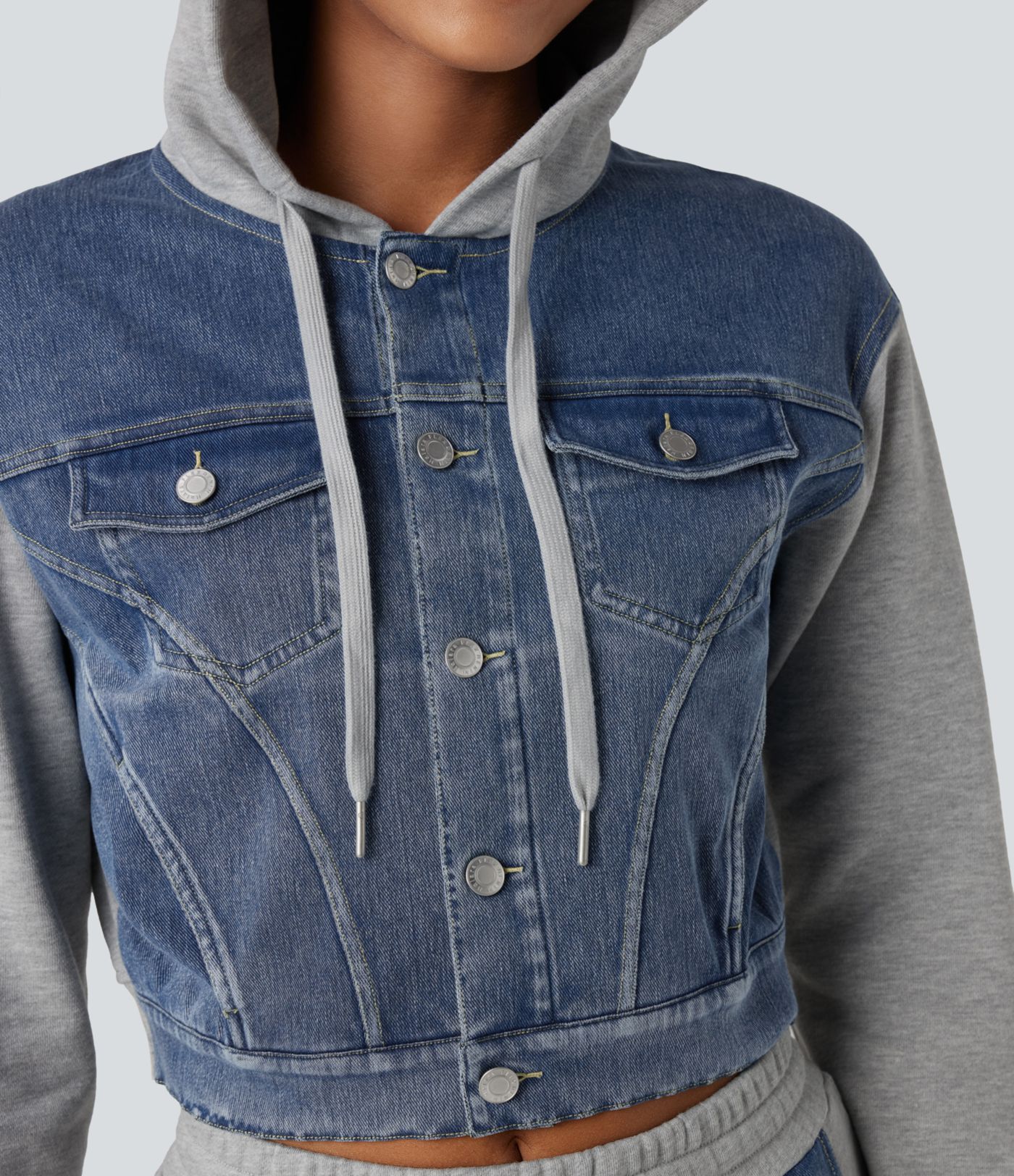 Halara Flex™ Hooded Drawstring Long Sleeve Patchwork Denim Casual Jacket