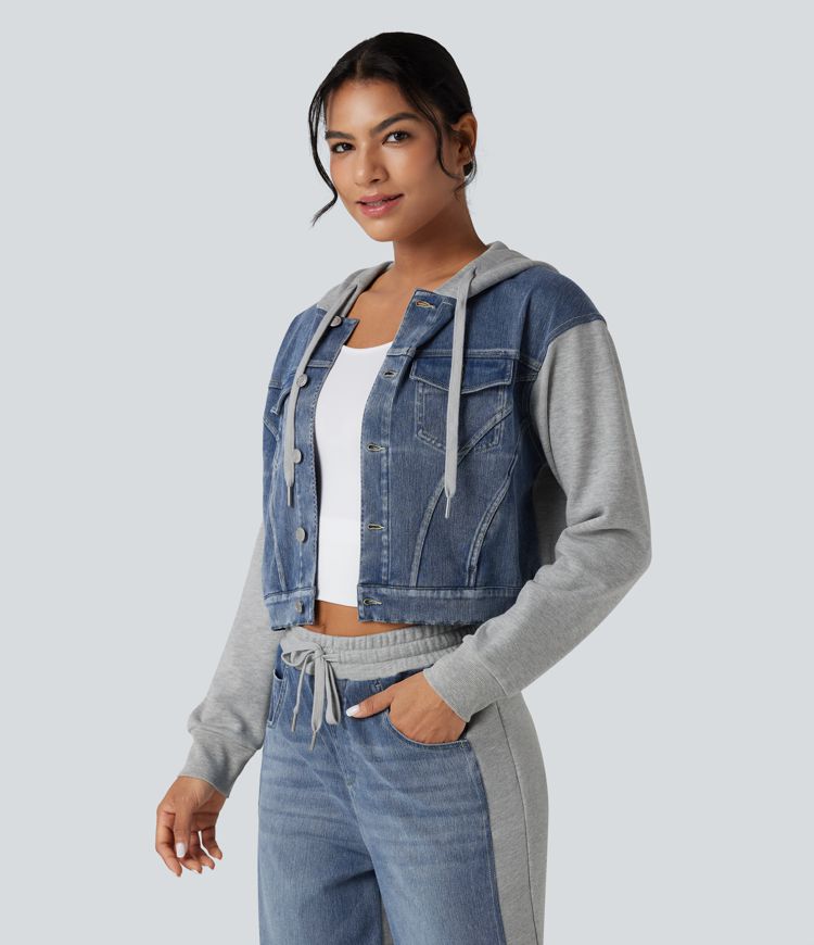 Halara Flex™ Hooded Drawstring Long Sleeve Patchwork Denim Casual Jacket