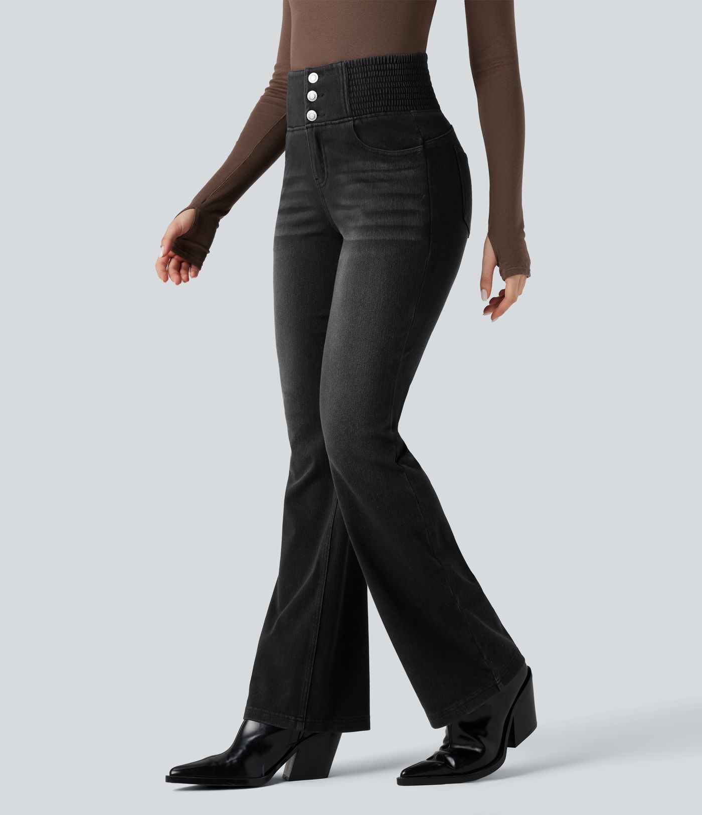 Halara Flex™ jeans flare décontractés à taille haute, froncés à la taille, avec poches