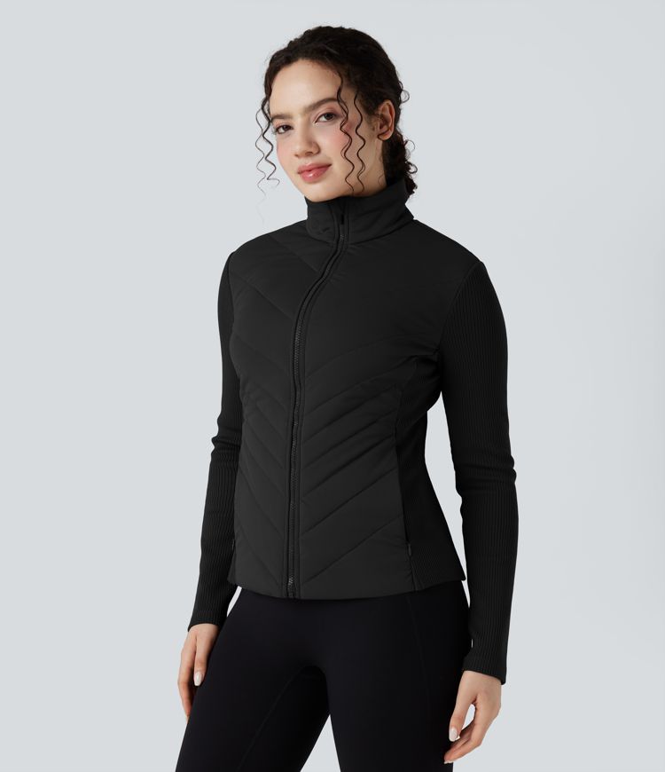 Veste matelassée côtes contrastantes col montant coupe ajustée avec poches