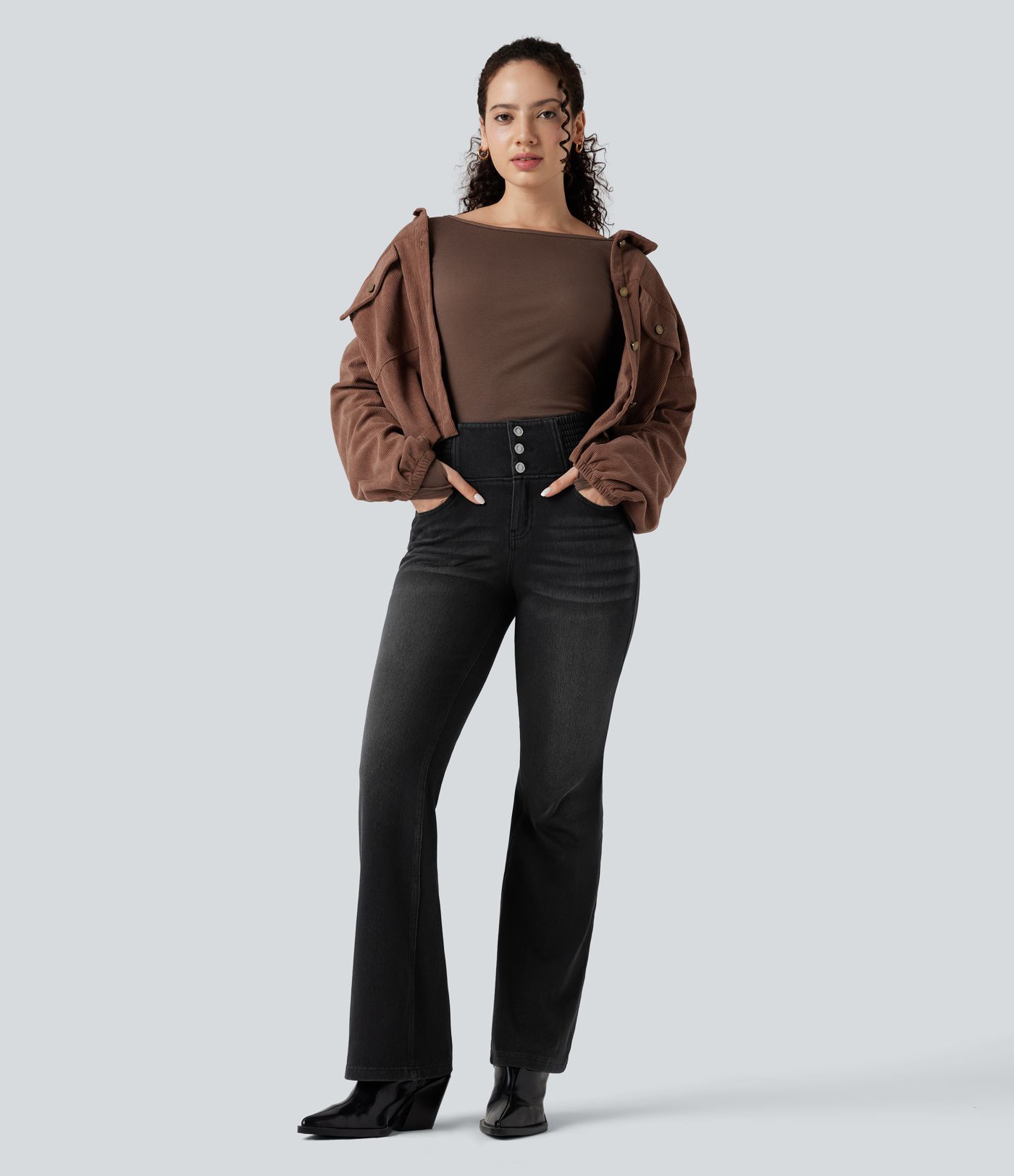 Halara Flex™ jeans flare décontractés à taille haute, froncés à la taille, avec poches