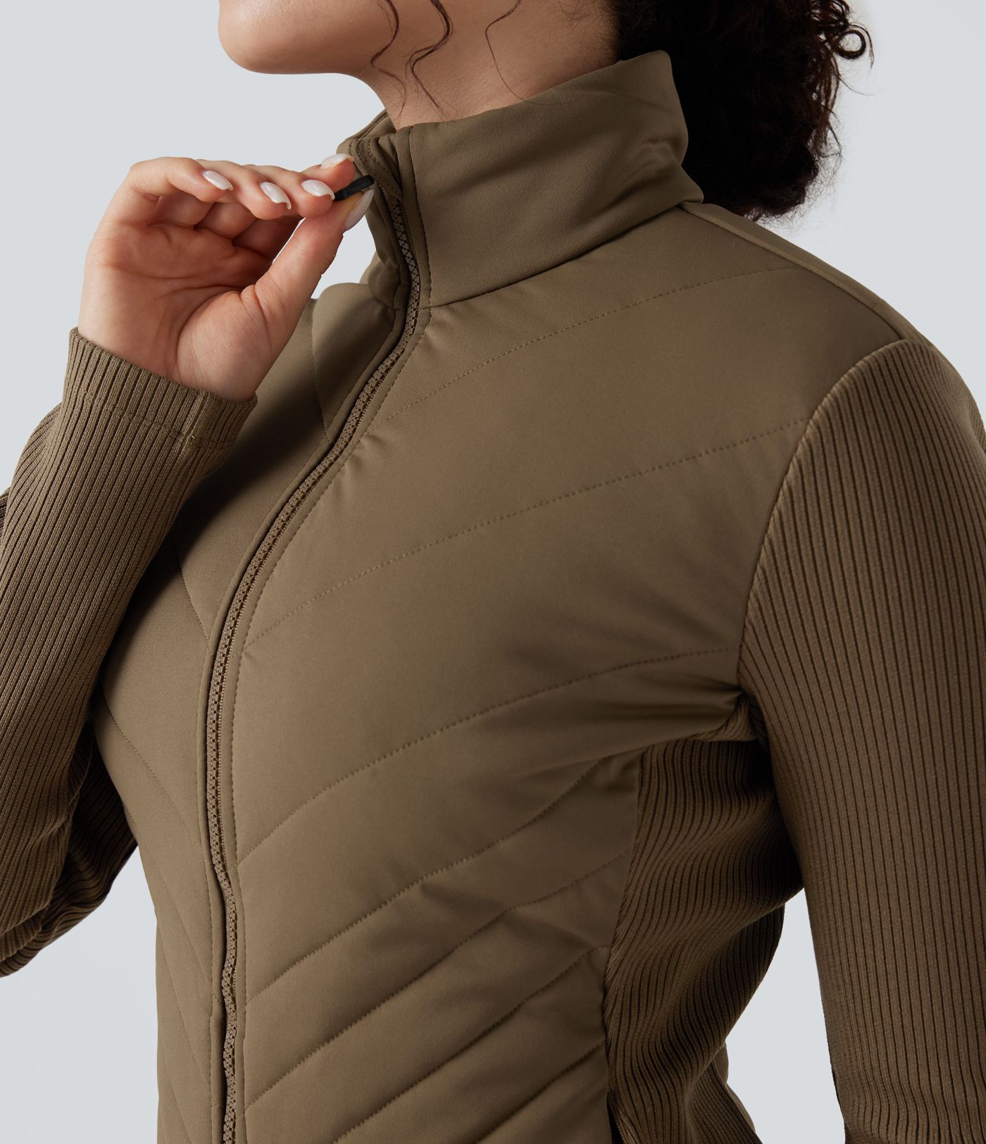 High-neck Contrast Ribbed Slim Casual Quilted Jacket with Pockets