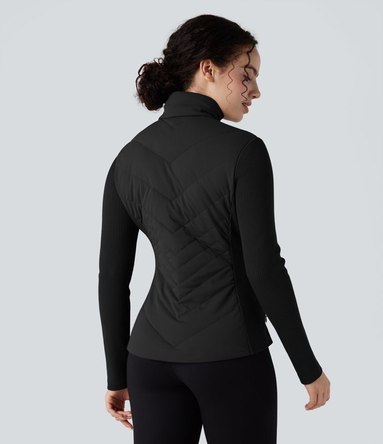 Veste matelassée côtes contrastantes col montant coupe ajustée avec poches