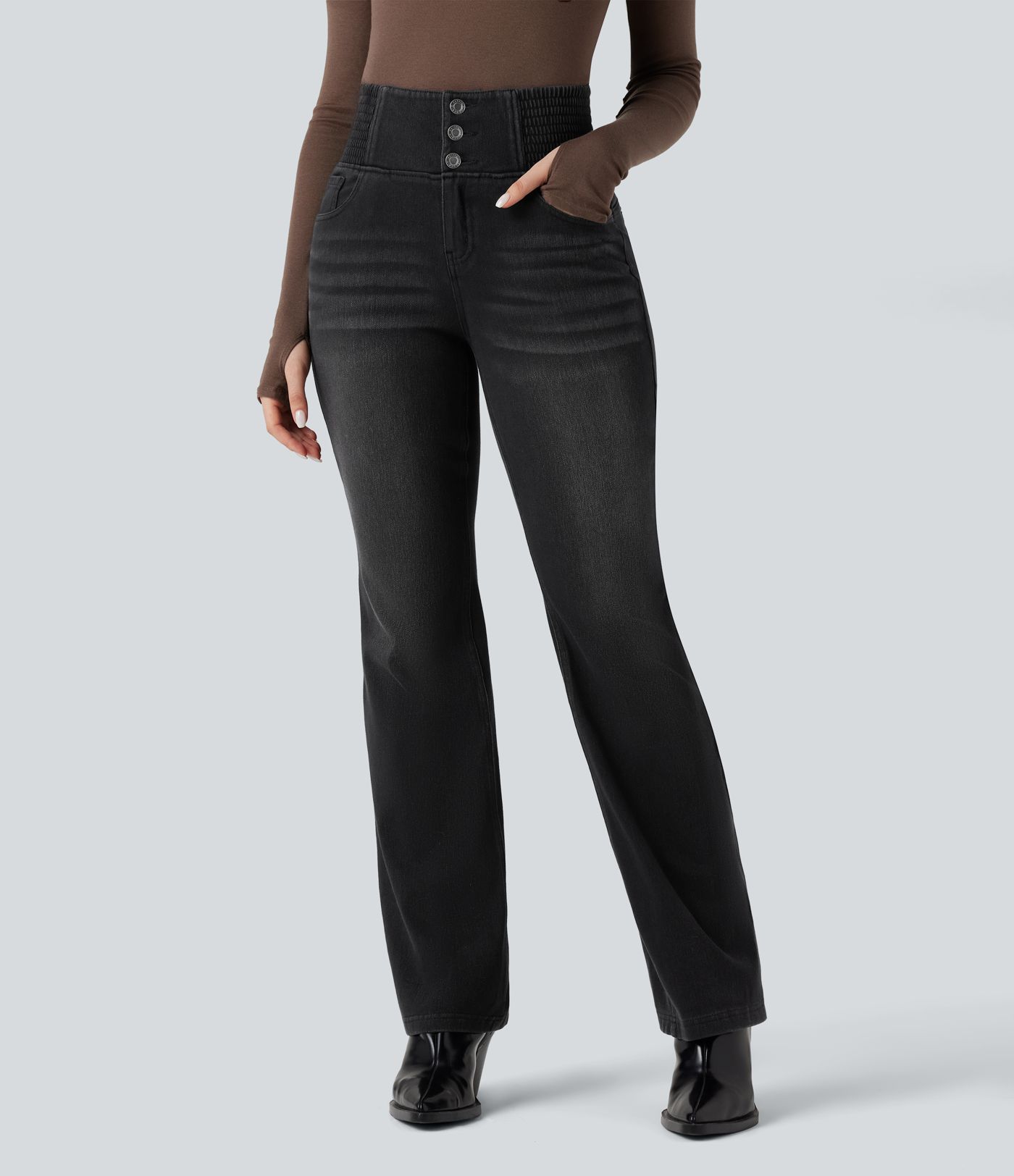 Halara Flex™ jeans flare décontractés à taille haute, froncés à la taille, avec poches