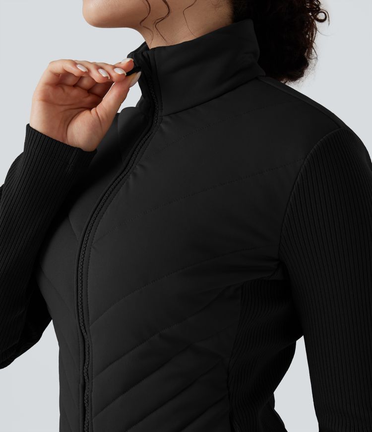 Veste matelassée côtes contrastantes col montant coupe ajustée avec poches