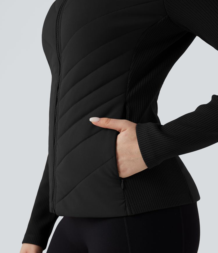 Veste matelassée côtes contrastantes col montant coupe ajustée avec poches