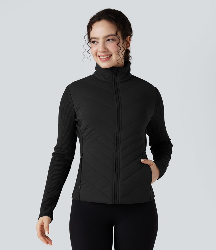 High-neck Contrast Ribbed Slim Casual Padded Jacket with Pockets