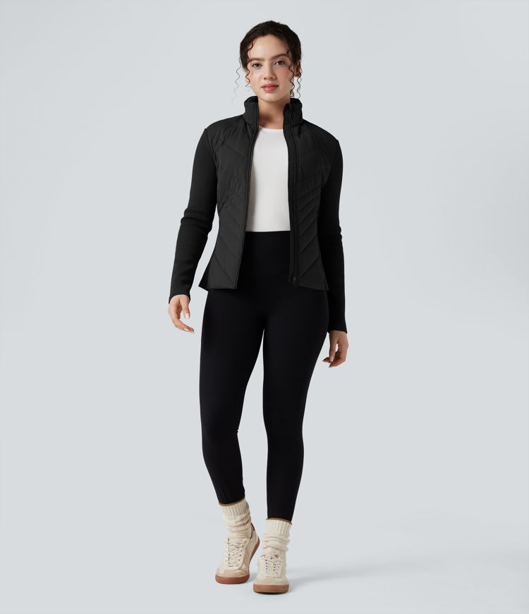 Veste matelassée côtes contrastantes col montant coupe ajustée avec poches