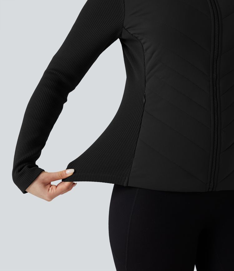 Veste matelassée côtes contrastantes col montant coupe ajustée avec poches