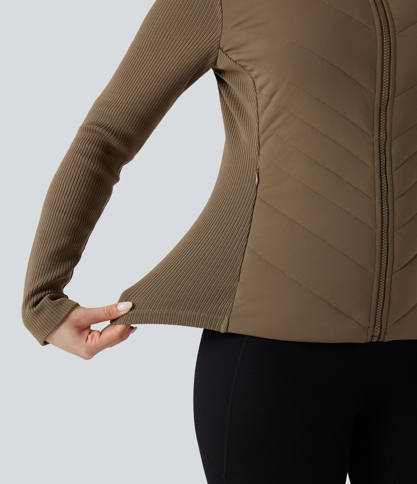 High-neck Contrast Ribbed Slim Casual Quilted Jacket with Pockets