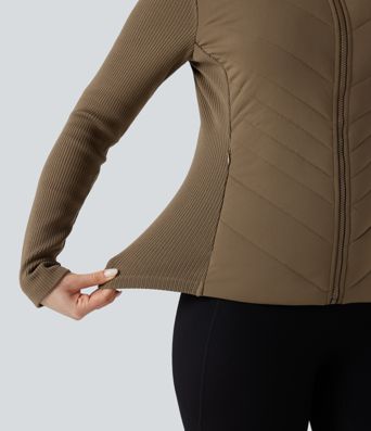 High-neck Contrast Ribbed Slim Casual Quilted Jacket with Pockets