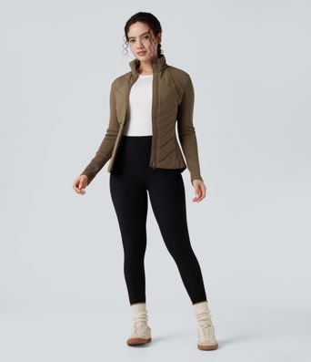 High-neck Contrast Ribbed Slim Casual Quilted Jacket with Pockets