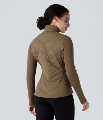 High-neck Contrast Ribbed Slim Casual Quilted Jacket with Pockets