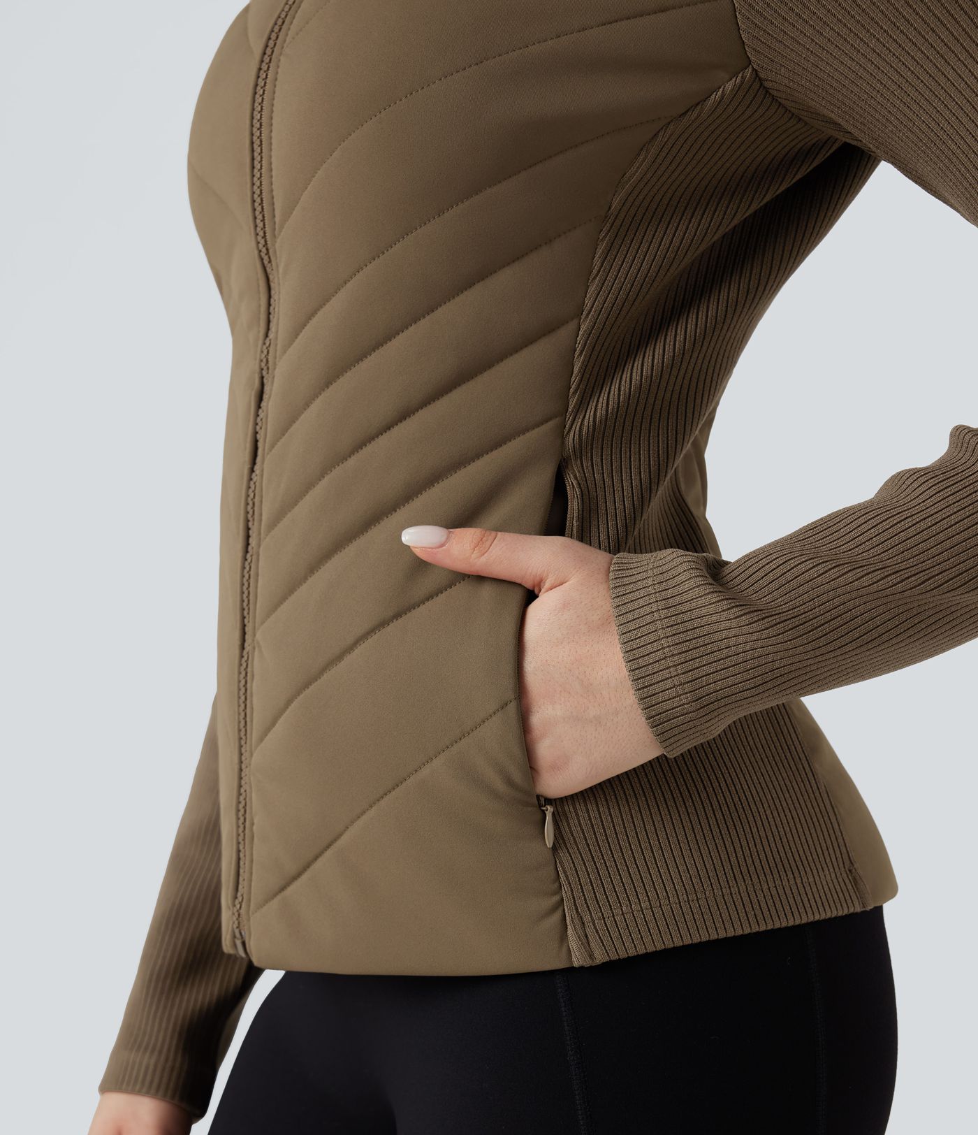 High-neck Contrast Ribbed Slim Casual Quilted Jacket with Pockets