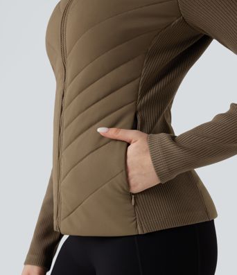 High-neck Contrast Ribbed Slim Casual Quilted Jacket with Pockets