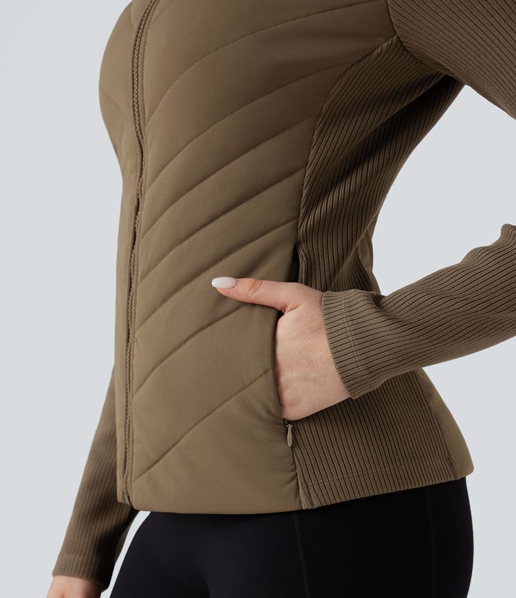 High-neck Contrast Ribbed Slim Casual Quilted Jacket with Pockets