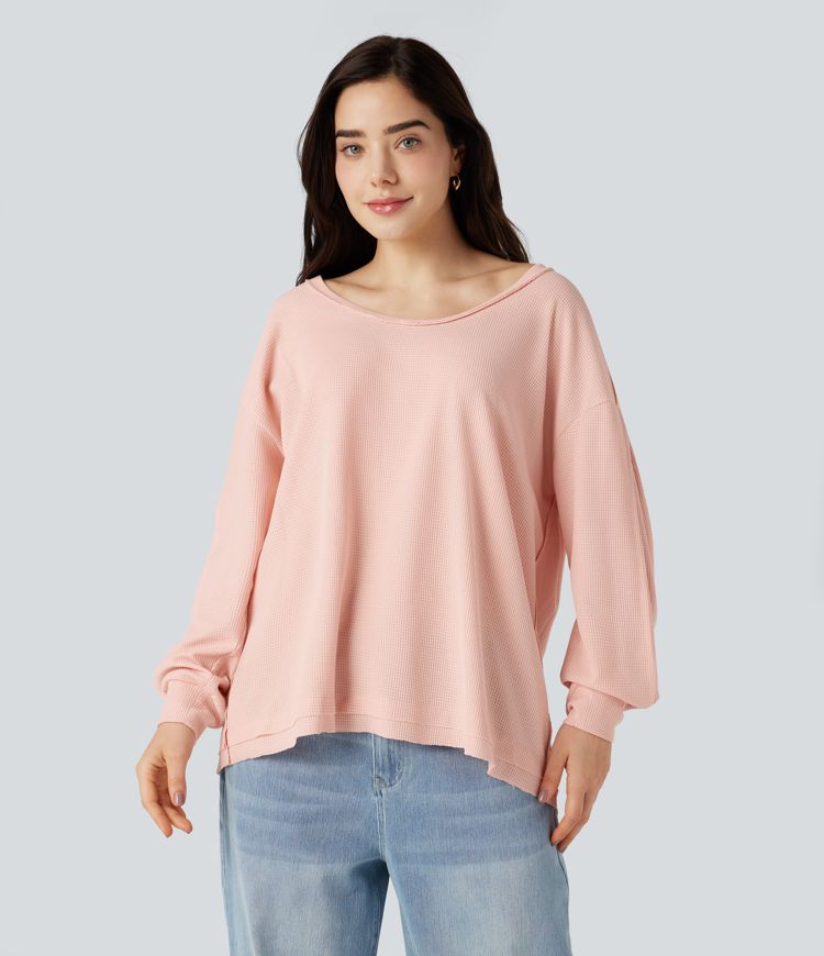 Scoop Neck Long Sleeve Waffle Casual Sweatshirt