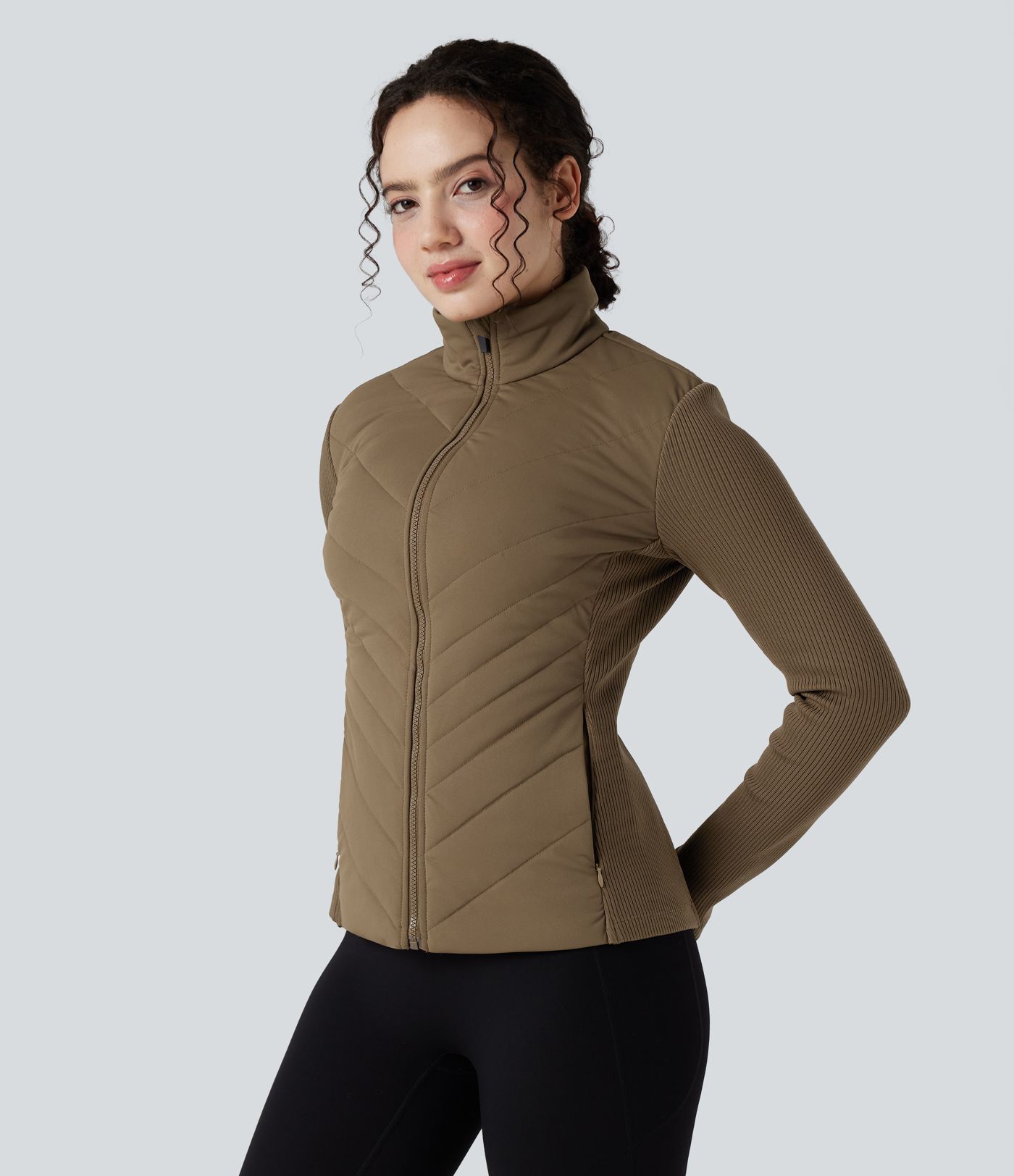 High-neck Contrast Ribbed Slim Casual Quilted Jacket with Pockets