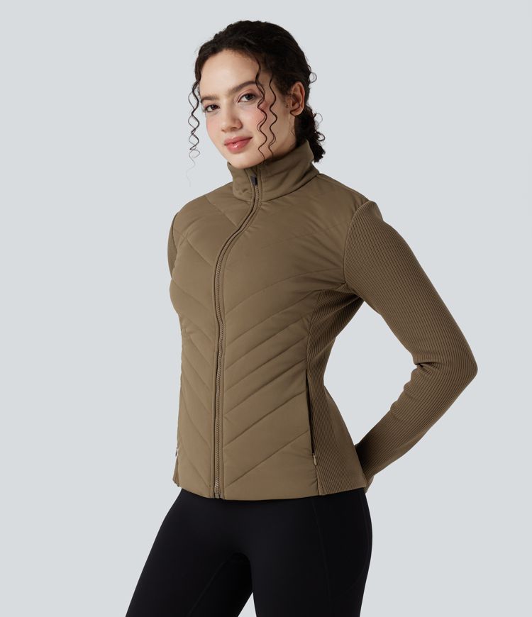 High-neck Contrast Ribbed Slim Casual Quilted Jacket with Pockets