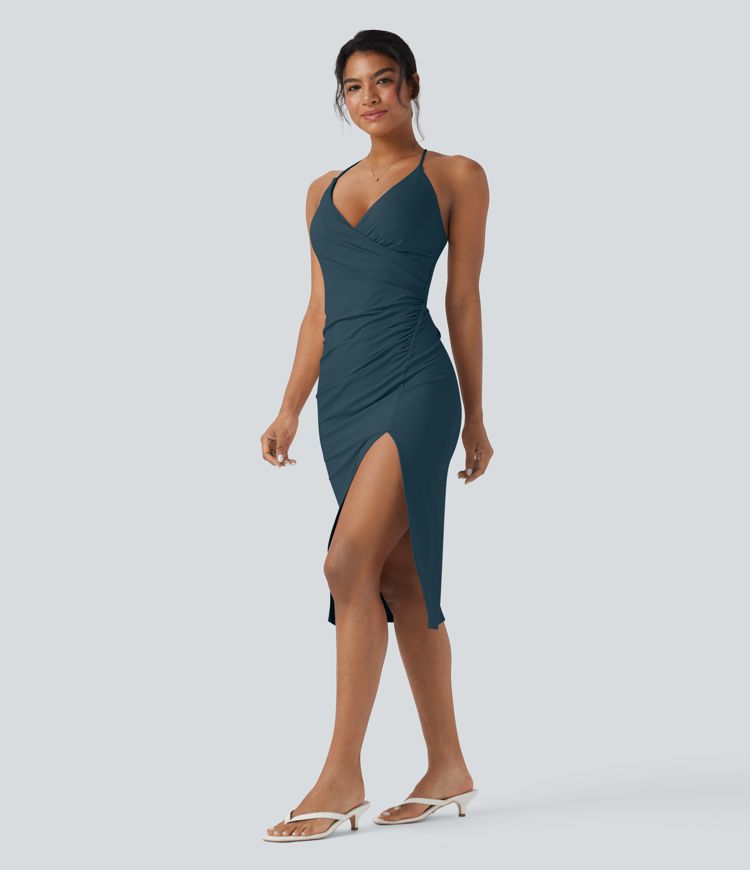 SoftlyZero™ Airy Crossover Ruched Lace Up Bodycon Cool Touch Dress D-F Cups-UPF50+