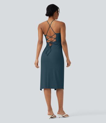 SoftlyZero™ Airy Crossover Ruched Lace Up Bodycon Cool Touch Dress D-F Cups-UPF50+