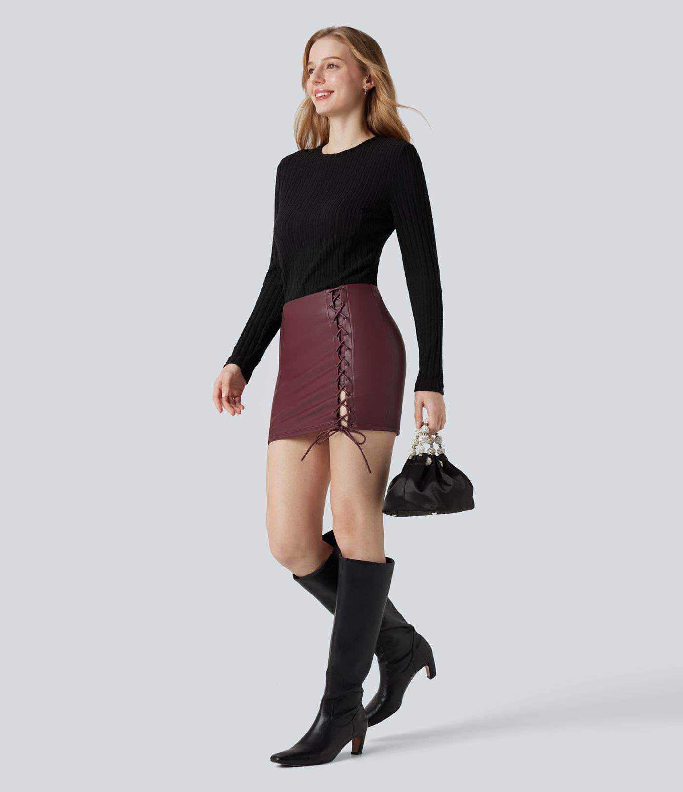 High Waisted Lace Up Bodycon 2-in-1 Fleece Mini PU Leather Skirt