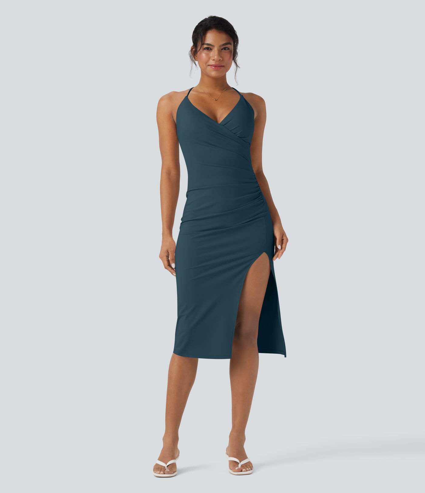 SoftlyZero™ Airy Crossover Ruched Lace Up Bodycon Cool Touch Dress D-F Cups-UPF50+