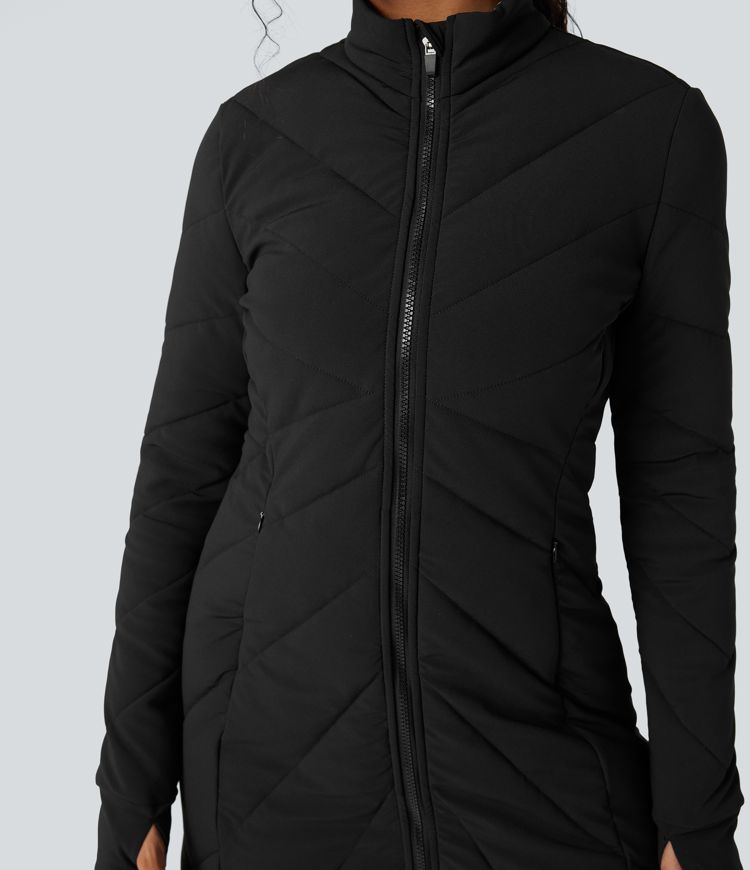 Veste matelassée col montant double fermeture éclair avec trous pouces et poches