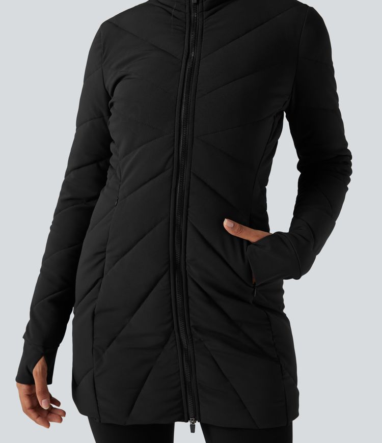 Veste matelassée col montant double fermeture éclair avec trous pouces et poches