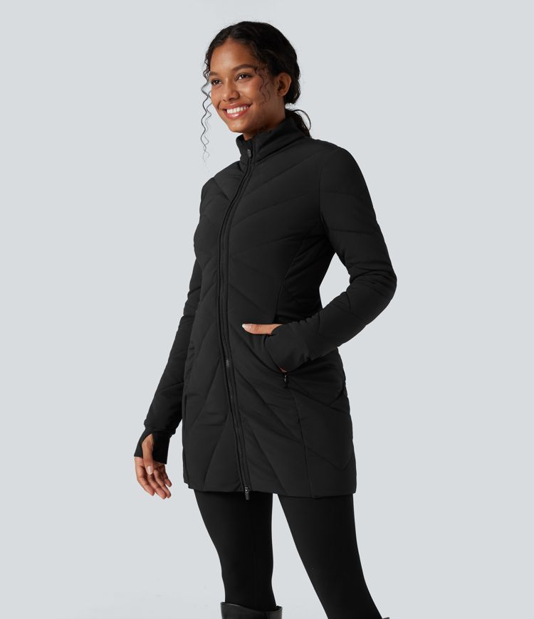 Veste matelassée col montant double fermeture éclair avec trous pouces et poches