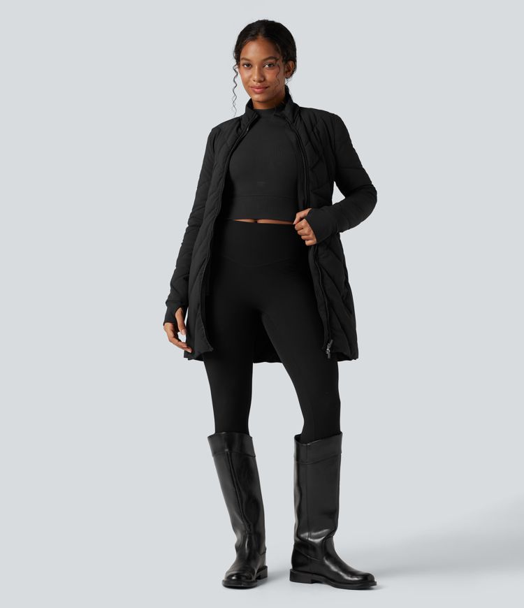 Veste matelassée col montant double fermeture éclair avec trous pouces et poches