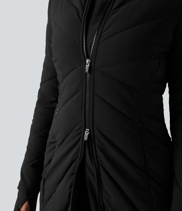 Veste matelassée col montant double fermeture éclair avec trous pouces et poches