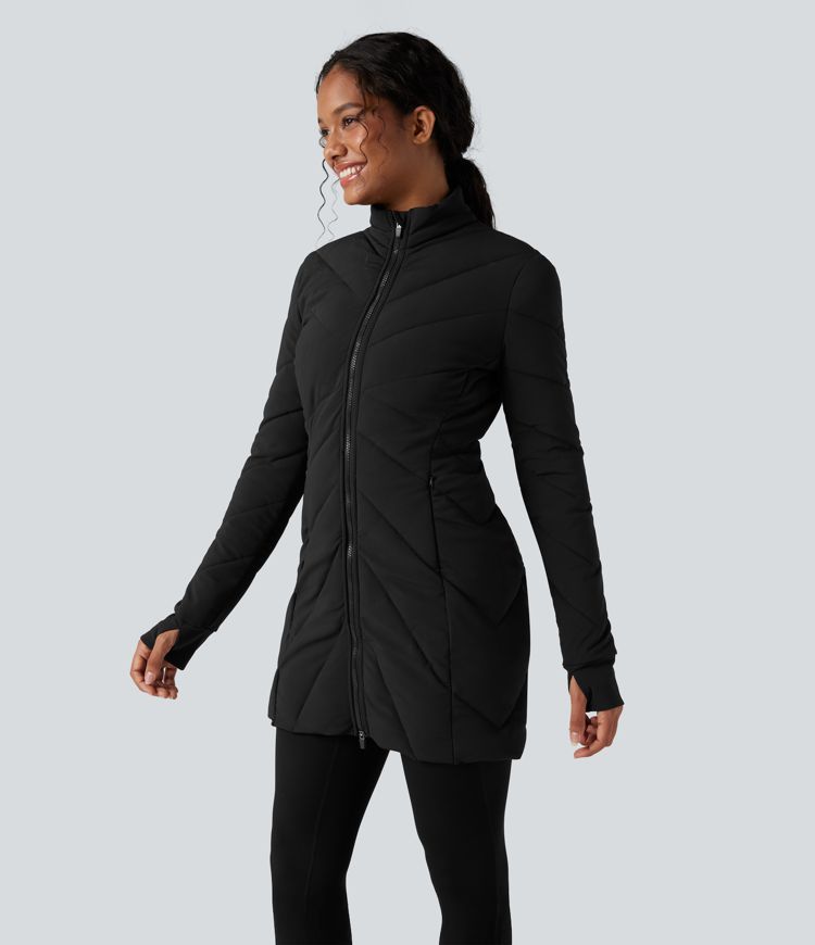 Veste matelassée col montant double fermeture éclair avec trous pouces et poches