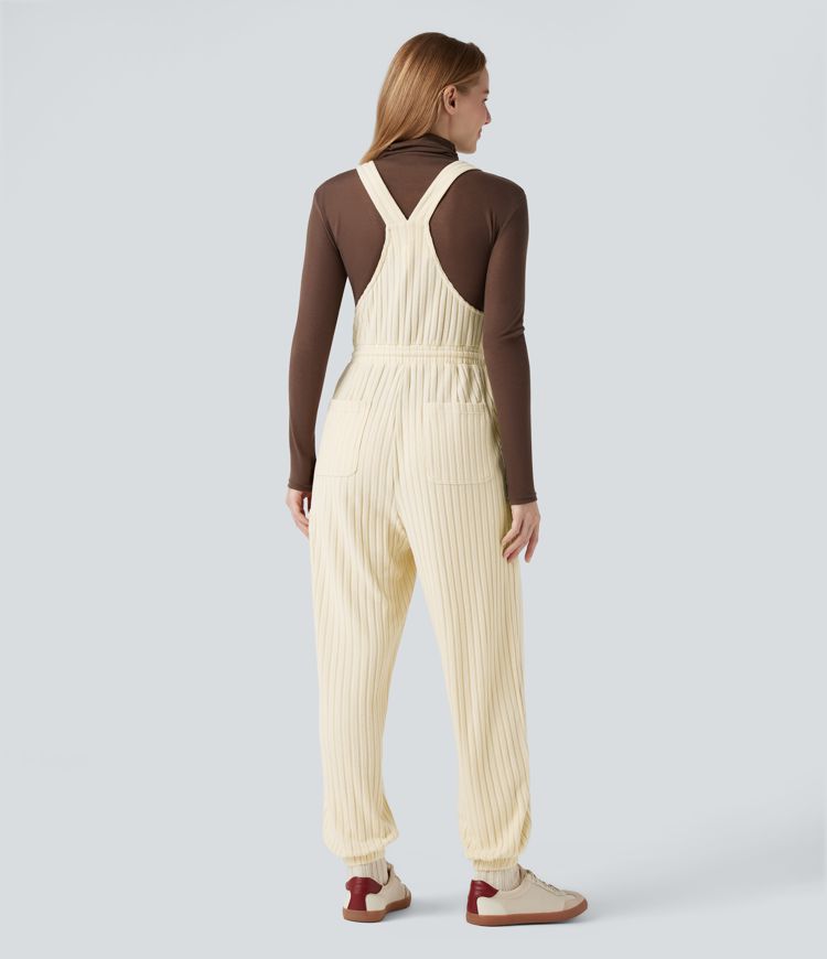 Ribbed Knit Adjustable Straps Drawstring Casual Dungarees with Pockets