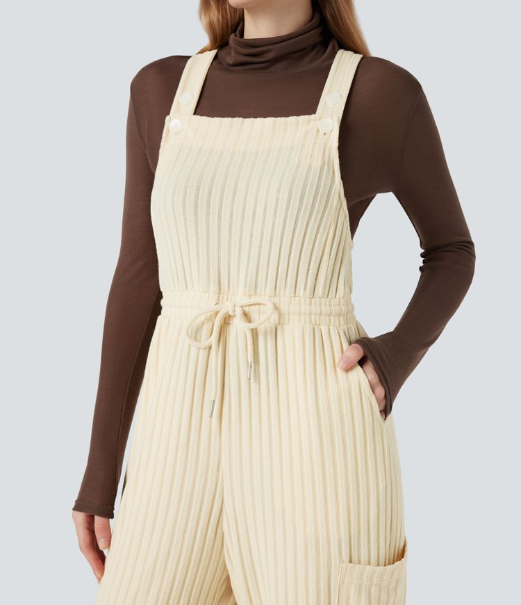 Ribbed Knit Adjustable Straps Drawstring Casual Dungarees with Pockets