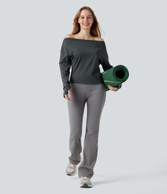 One-shoulder Long Sleeve Thumb Holes Stripe Yoga Sports Top